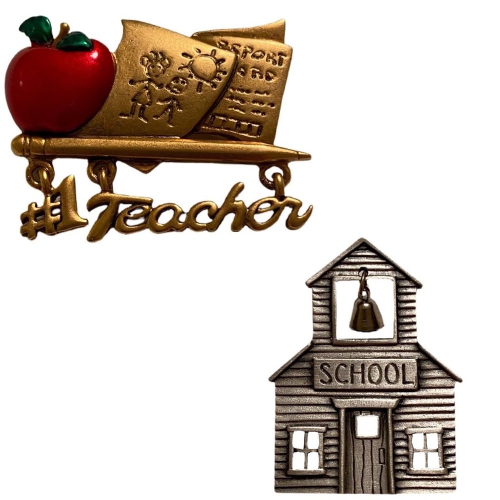 JJ Jonette Pewter Schoolhouse Pin and Danecraft #1 Teacher Pin